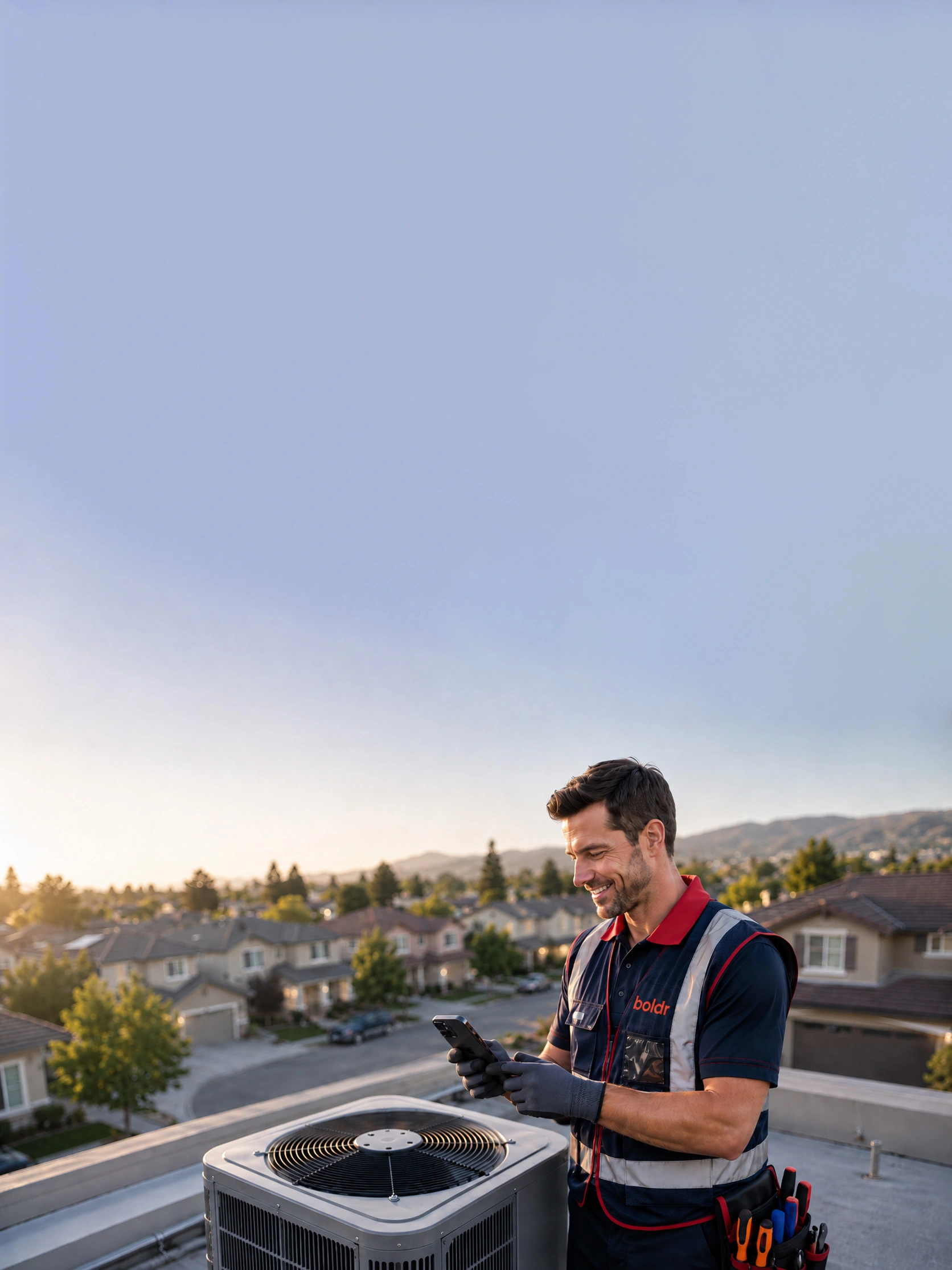 Boldr Pro contractor using the Boldr Pro App on a rooftop HVAC unit