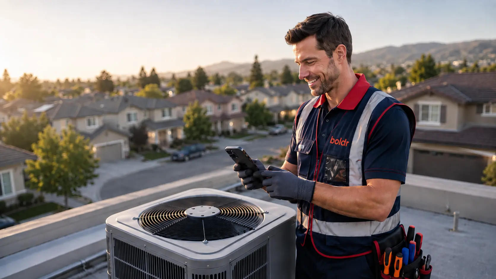 Boldr Pro contractor using the Boldr Pro App on a rooftop HVAC unit